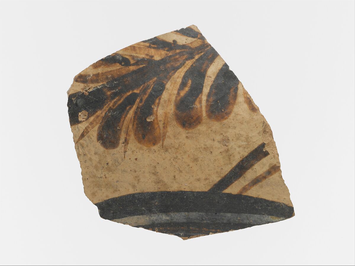 Terracotta vessel fragment with floral motif and band, Terracotta, Minoan 