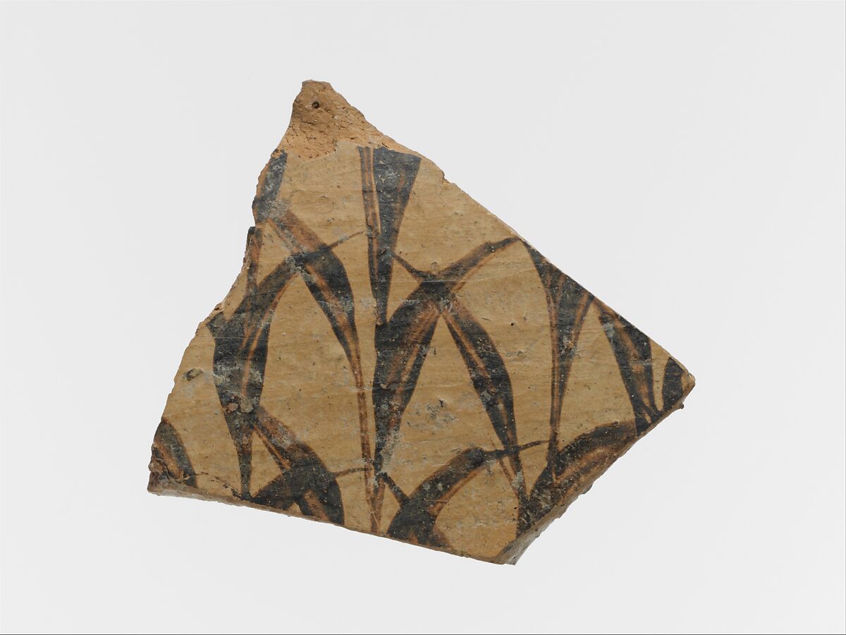 Terracotta vessel fragment with grass motif, Terracotta, Minoan 