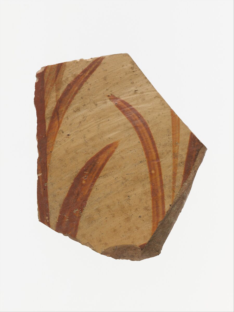 Terracotta vessel fragment with grass motif, Terracotta, Minoan 