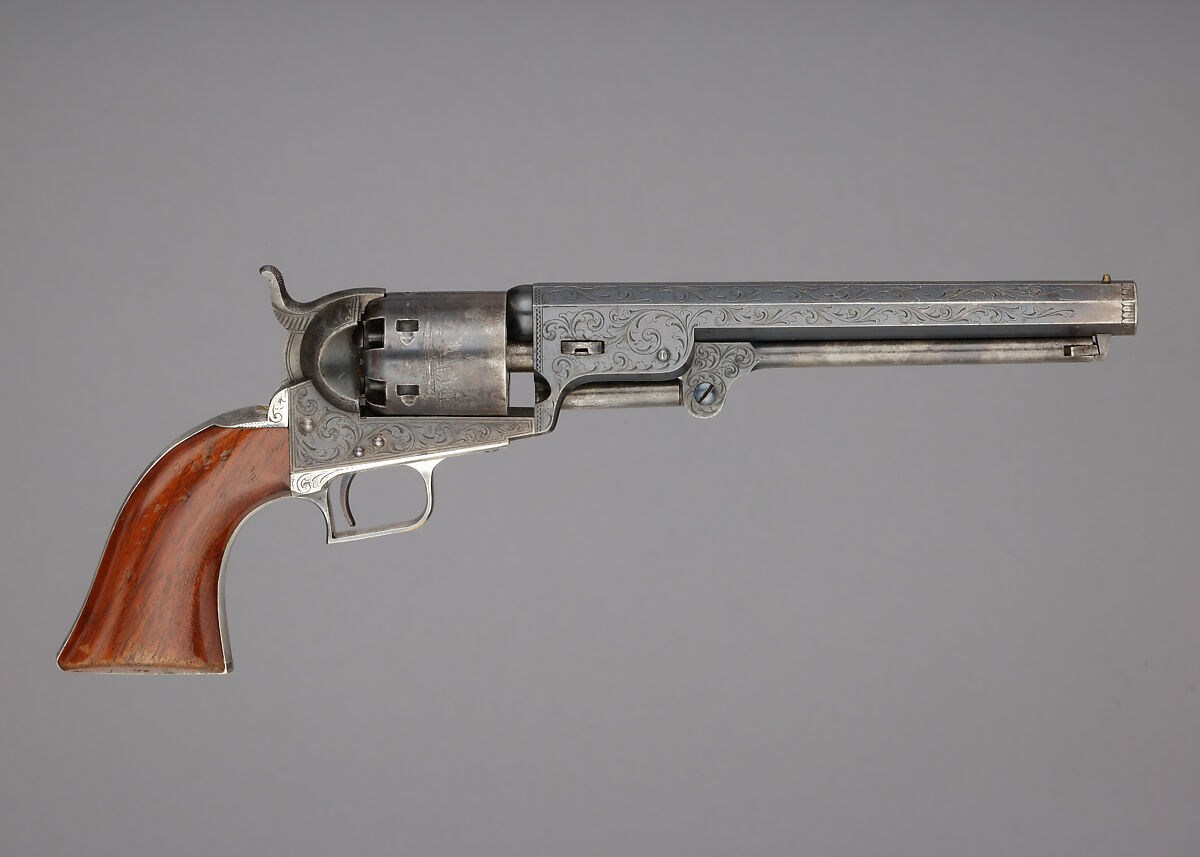 Colt Model 1851 Navy Percussion Revolver, serial no. 2, Samuel Colt (American, Hartford, Connecticut 1814–1862), Steel, brass, silver, wood (walnut), American, Hartford, Connecticut