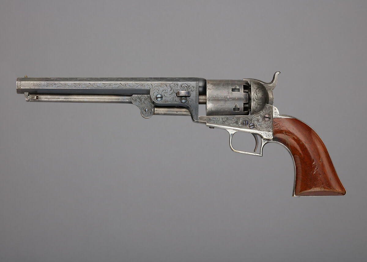 Colt Model 1851 Navy Percussion Revolver, serial no. 2, Samuel Colt (American, Hartford, Connecticut 1814–1862), Steel, brass, silver, wood (walnut), American, Hartford, Connecticut 