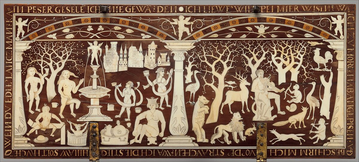 Box For Crossbow Bolts (<i>Bolzenkasten</i>), Probably Made for William IV, Duke of Bavaria (r. 1508–50), Hans Wagner the Elder (German, Munich, recorded 1539–56), Wood (lid and front panel: fruitwood, possibly pear; bottom: walnut; inlay: possibly sycamore; later repairs: mahogany moldings and Indian rosewood veneers on sides), staghorn, iron, gold, paste, paper, German, Munich