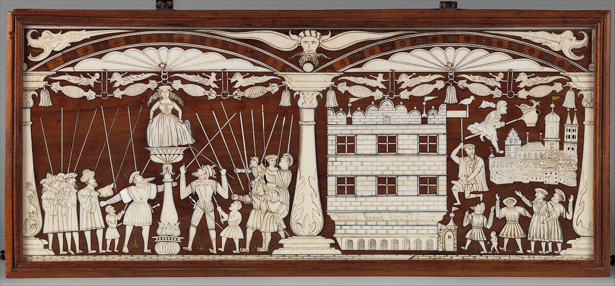 Box For Crossbow Bolts (<i>Bolzenkasten</i>), Probably Made for William IV, Duke of Bavaria (r. 1508–50), Hans Wagner the Elder (German, Munich, recorded 1539–56), Wood (lid and front panel: fruitwood, possibly pear; bottom: walnut; inlay: possibly sycamore; later repairs: mahogany moldings and Indian rosewood veneers on sides), staghorn, iron, gold, paste, paper, German, Munich