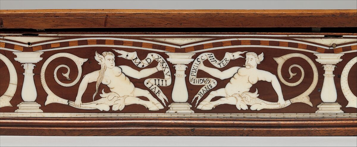 Box For Crossbow Bolts (<i>Bolzenkasten</i>), Probably Made for William IV, Duke of Bavaria (r. 1508–50), Hans Wagner the Elder (German, Munich, recorded 1539–56), Wood (lid and front panel: fruitwood, possibly pear; bottom: walnut; inlay: possibly sycamore; later repairs: mahogany moldings and Indian rosewood veneers on sides), staghorn, iron, gold, paste, paper, German, Munich