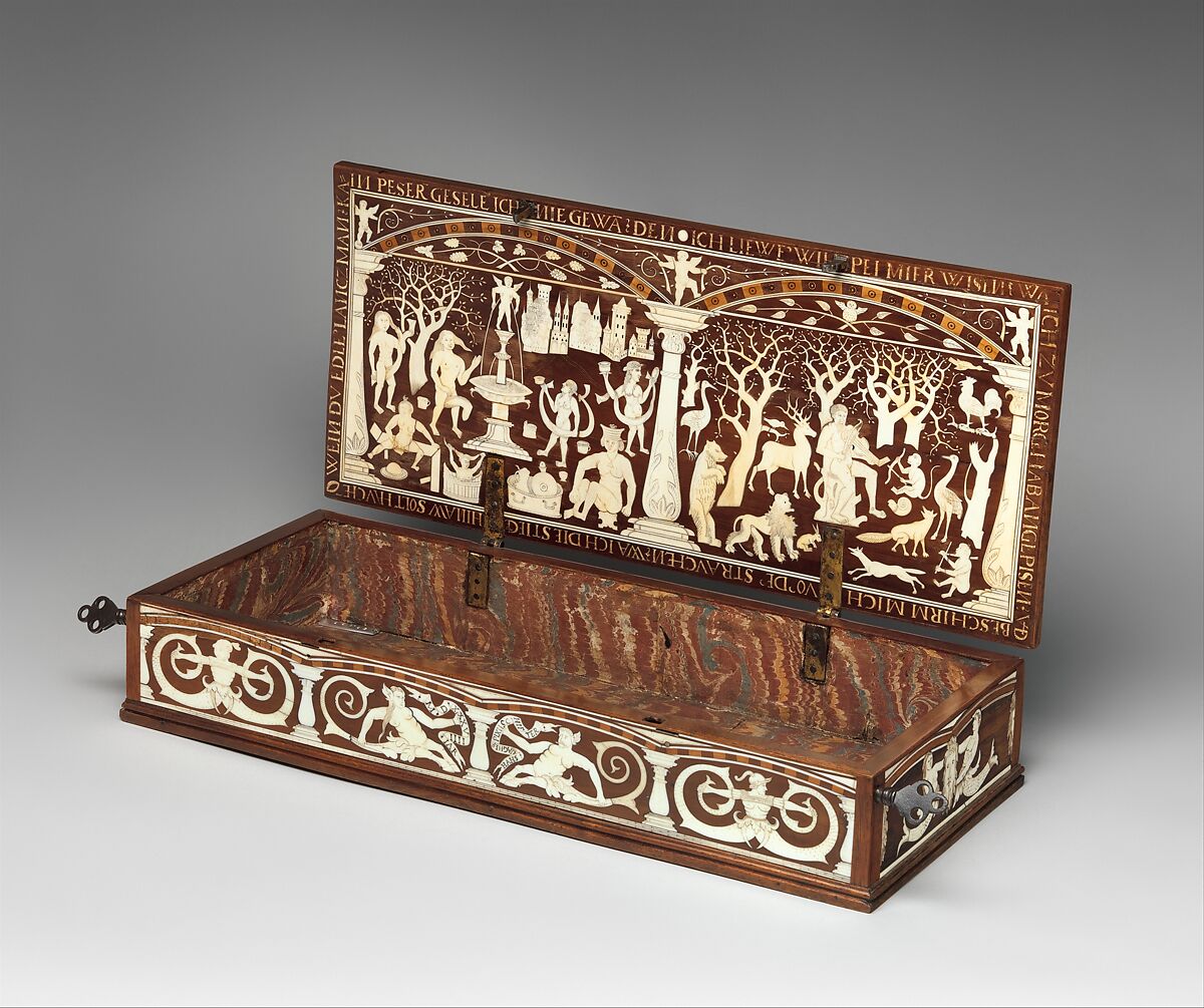 Box For Crossbow Bolts (<i>Bolzenkasten</i>), Probably Made for William IV, Duke of Bavaria (r. 1508–50), Hans Wagner the Elder (German, Munich, recorded 1539–56), Wood (lid and front panel: fruitwood, possibly pear; bottom: walnut; inlay: possibly sycamore; later repairs: mahogany moldings and Indian rosewood veneers on sides), staghorn, iron, gold, paste, paper, German, Munich