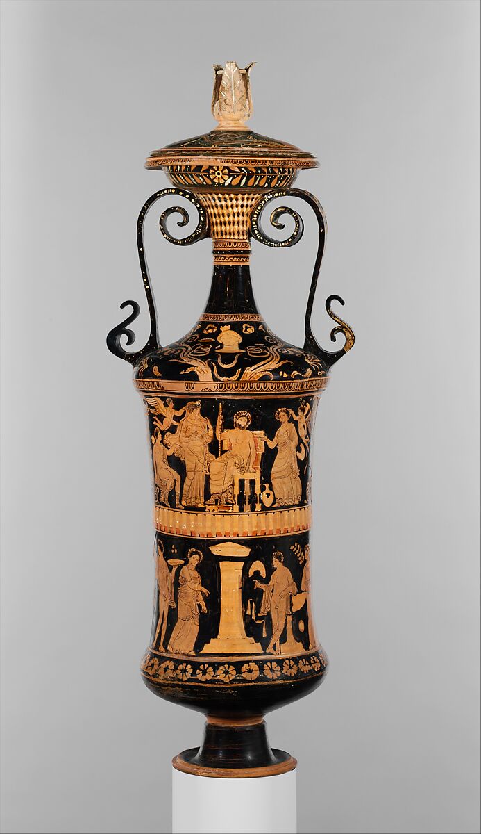 Terracotta loutrophoros (ceremonial vase for water), Attributed to the Darius Painter, Terracotta, Greek, South Italian, Apulian 