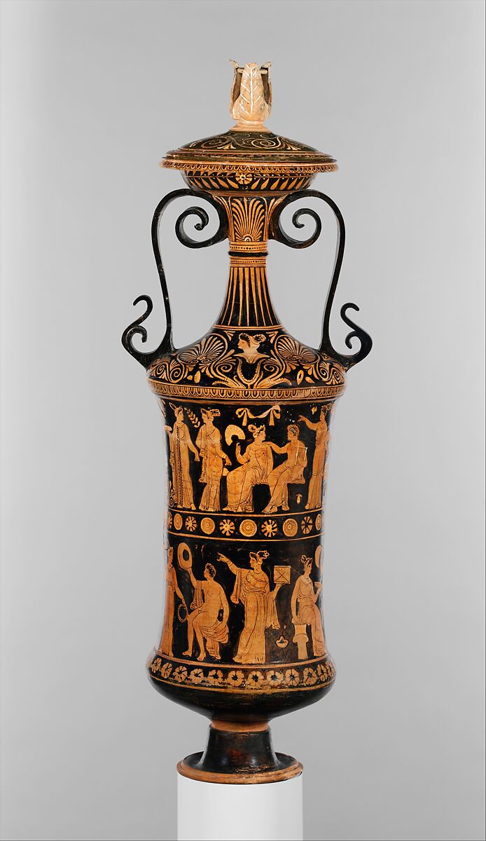 Terracotta loutrophoros (ceremonial vase for water), Attributed to the Darius Painter, Terracotta, Greek, South Italian, Apulian