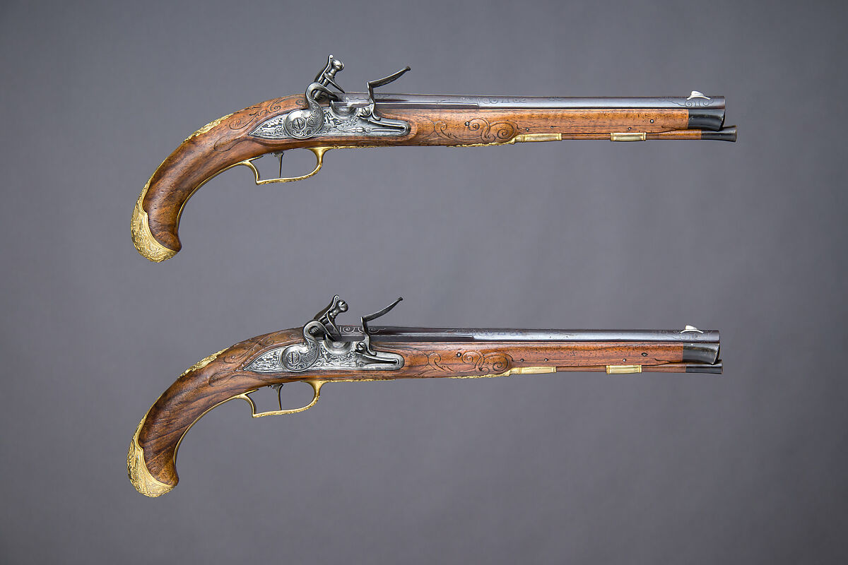 Pair of Flintlock Pistols, Johann Andreas Kuchenreuter (German, Regensburg, 1716–1795), Steel, wood, bronze, gold, silver, horn, German, Regensburg 