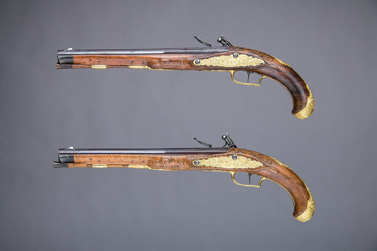 Pair of Flintlock Pistols, Johann Andreas Kuchenreuter (German, Regensburg, 1716–1795), Steel, wood, bronze, gold, silver, horn, German, Regensburg
