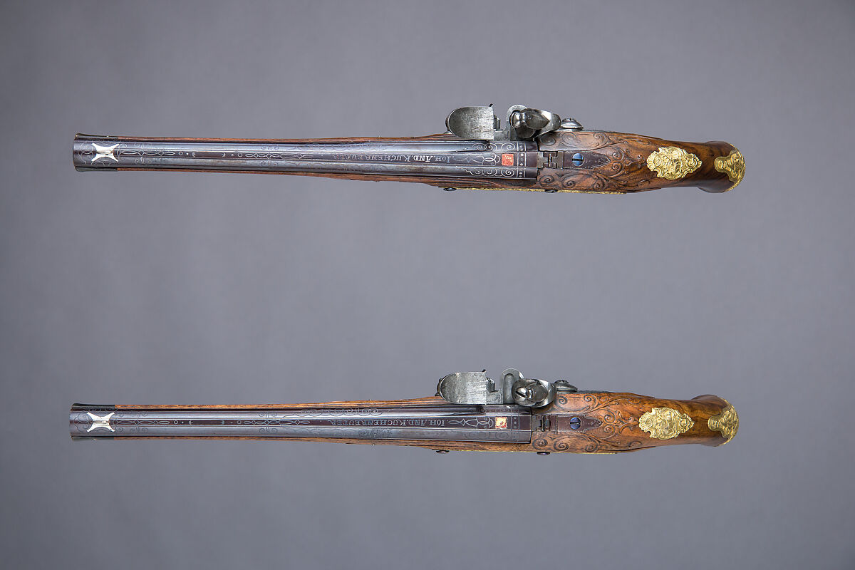 Pair of Flintlock Pistols, Johann Andreas Kuchenreuter (German, Regensburg, 1716–1795), Steel, wood, bronze, gold, silver, horn, German, Regensburg