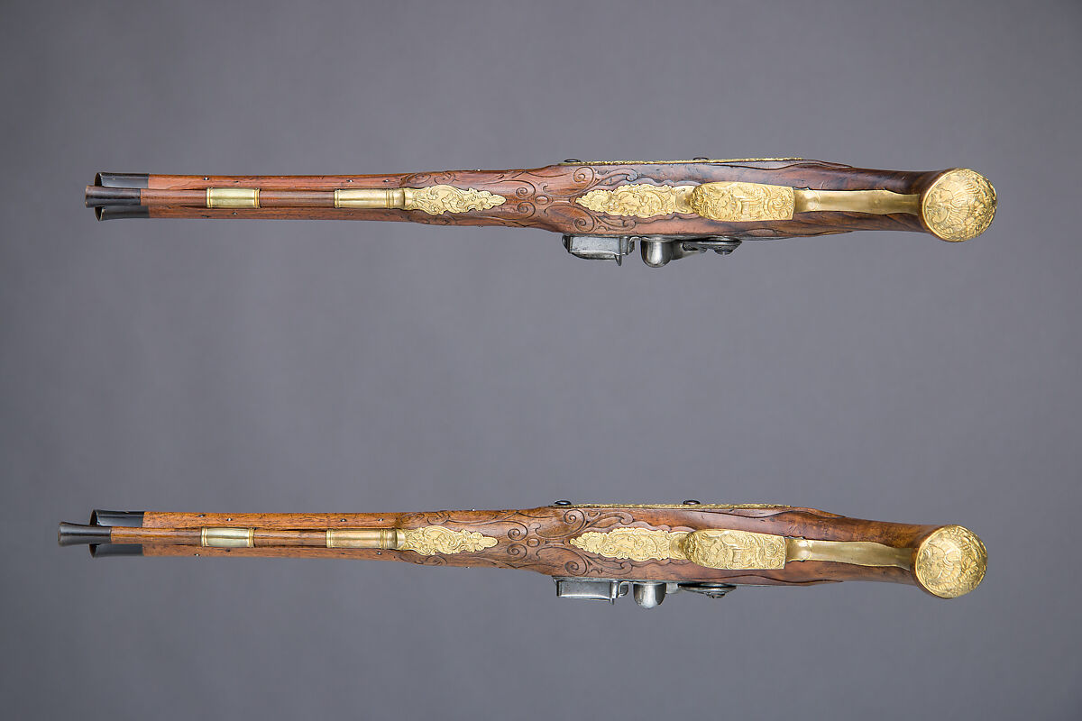 Pair of Flintlock Pistols, Johann Andreas Kuchenreuter (German, Regensburg, 1716–1795), Steel, wood, bronze, gold, silver, horn, German, Regensburg