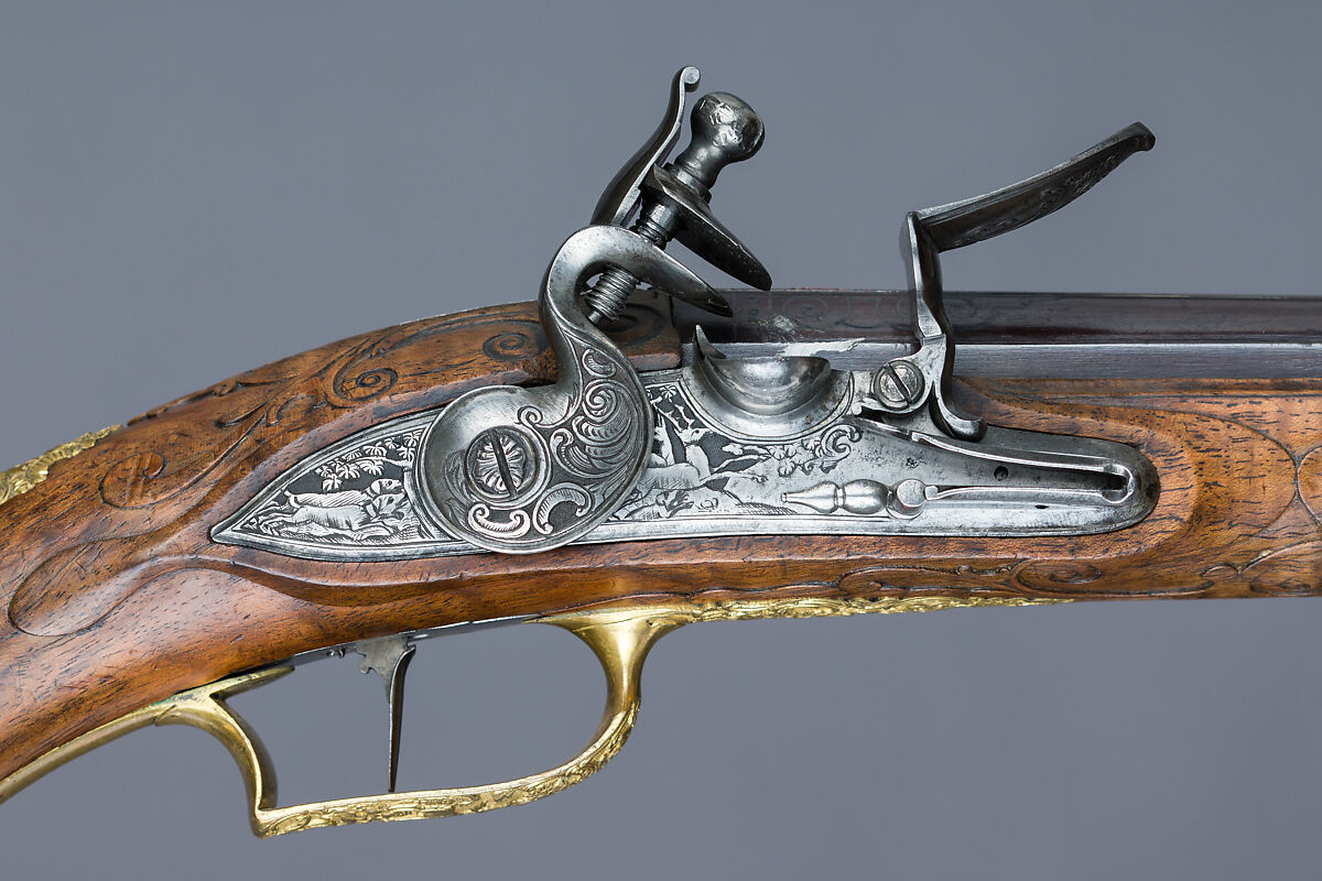 Pair of Flintlock Pistols, Johann Andreas Kuchenreuter (German, Regensburg, 1716–1795), Steel, wood, bronze, gold, silver, horn, German, Regensburg