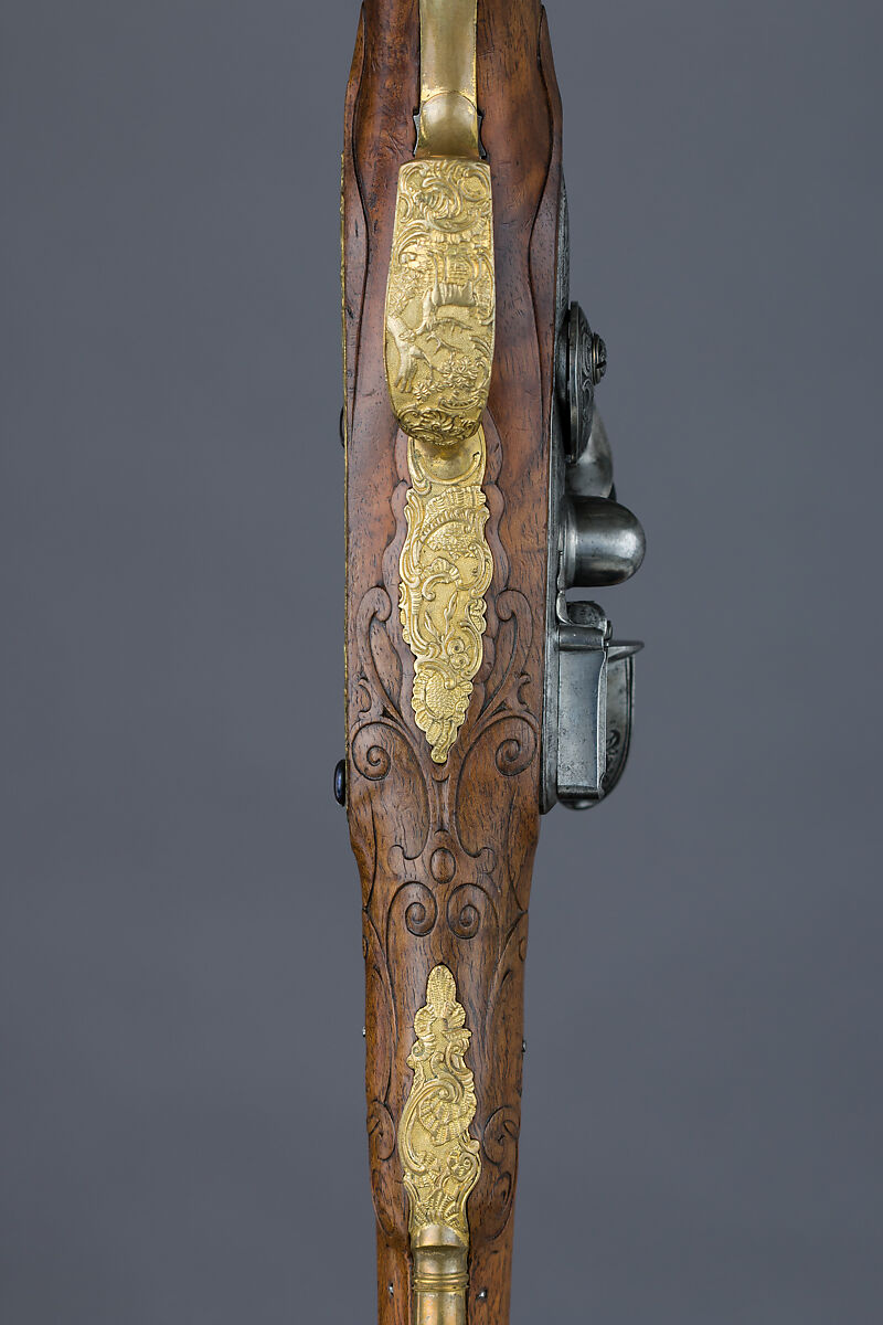 Pair of Flintlock Pistols, Johann Andreas Kuchenreuter (German, Regensburg, 1716–1795), Steel, wood, bronze, gold, silver, horn, German, Regensburg