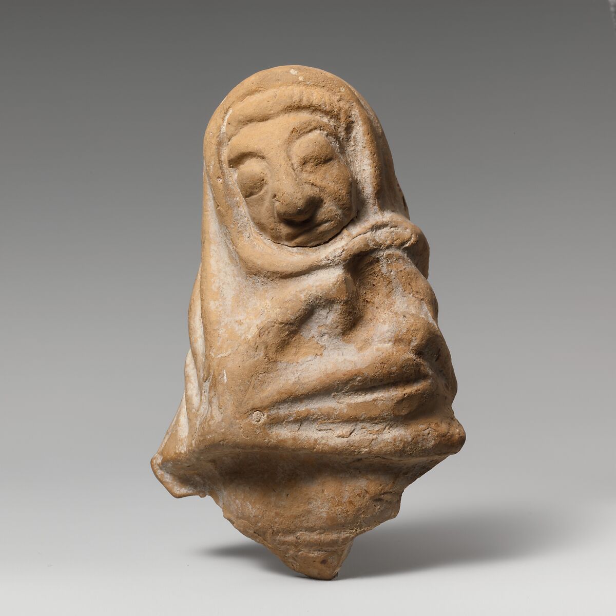 Fragment of a terracotta statuette of an old woman, Terracotta, Greek, South Italian, Tarentine 
