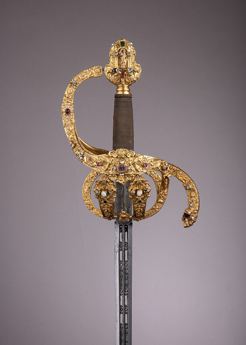 Rapier of Prince-Elector Christian II of Saxony (1583–1611), Hilt by Israel Schuech (German, Dresden, active ca. 1590–1610), Steel, bronze, gold, enamel, paste jewels, cameos, pearls, wood, hilt, German, Dresden; blade, Spanish, Toledo 