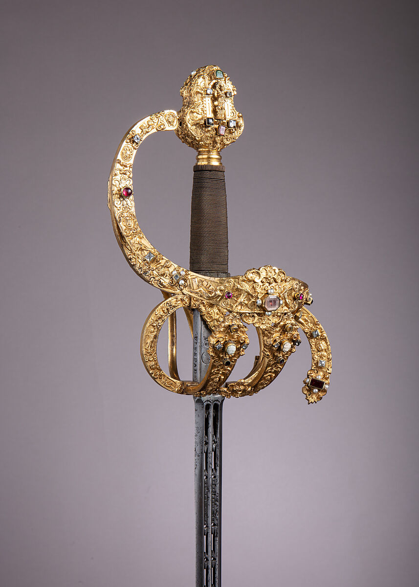 Rapier of Prince-Elector Christian II of Saxony (1583–1611), Hilt by Israel Schuech (German, Dresden, active ca. 1590–1610), Steel, bronze, gold, enamel, paste jewels, cameos, pearls, wood, hilt, German, Dresden; blade, Spanish, Toledo