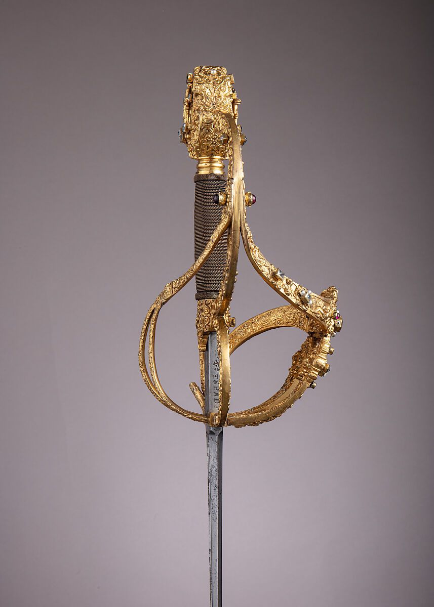 Rapier of Prince-Elector Christian II of Saxony (1583–1611), Hilt by Israel Schuech (German, Dresden, active ca. 1590–1610), Steel, bronze, gold, enamel, paste jewels, cameos, pearls, wood, hilt, German, Dresden; blade, Spanish, Toledo