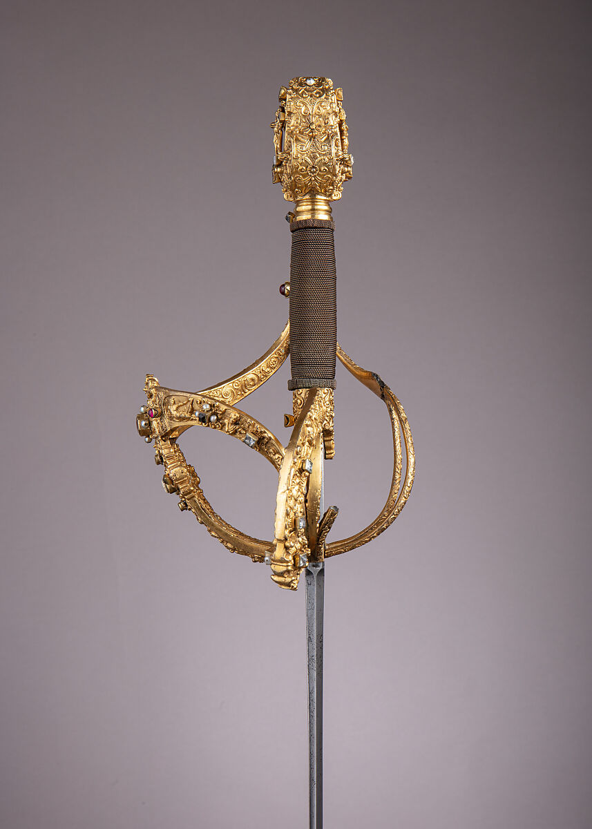 Rapier of Prince-Elector Christian II of Saxony (1583–1611), Hilt by Israel Schuech (German, Dresden, active ca. 1590–1610), Steel, bronze, gold, enamel, paste jewels, cameos, pearls, wood, hilt, German, Dresden; blade, Spanish, Toledo