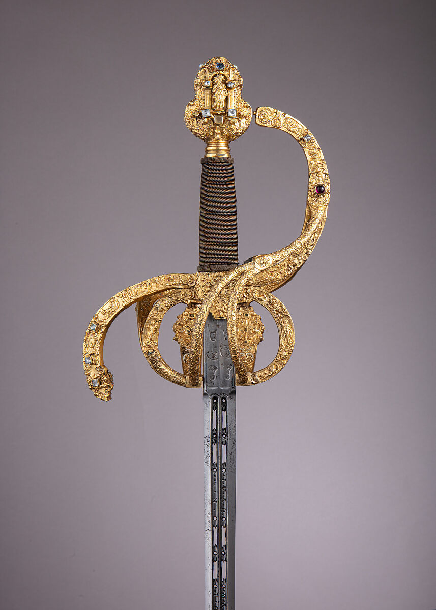 Rapier of Prince-Elector Christian II of Saxony (1583–1611), Hilt by Israel Schuech (German, Dresden, active ca. 1590–1610), Steel, bronze, gold, enamel, paste jewels, cameos, pearls, wood, hilt, German, Dresden; blade, Spanish, Toledo