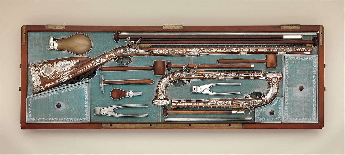 Cased Set of a Flintlock Rifle, a Pair of Pistols, and Accessories, Nicolas Noël Boutet (French, Versailles and Paris, 1761–1833), Steel, wood (walnut, mahogany), silver, gold, horn, velvet, French, Versailles 