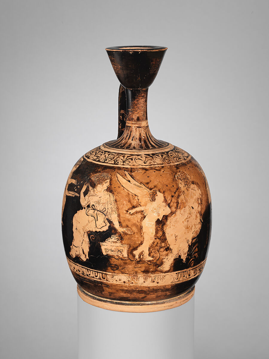 Terracotta squat lekythos (oil flask), Attributed to the manner of the Meidias Painter, Terracotta, Greek, Attic 