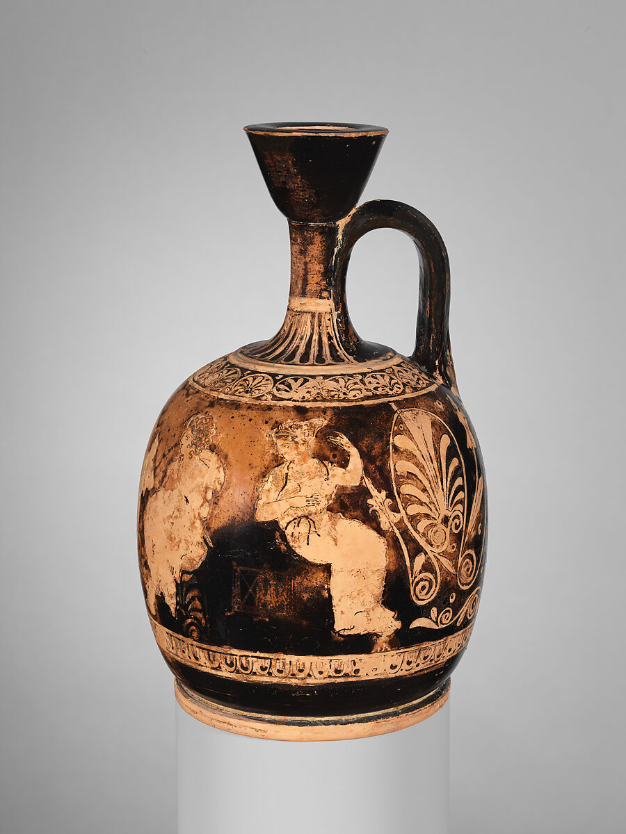 Terracotta squat lekythos (oil flask), Attributed to the manner of the Meidias Painter, Terracotta, Greek, Attic