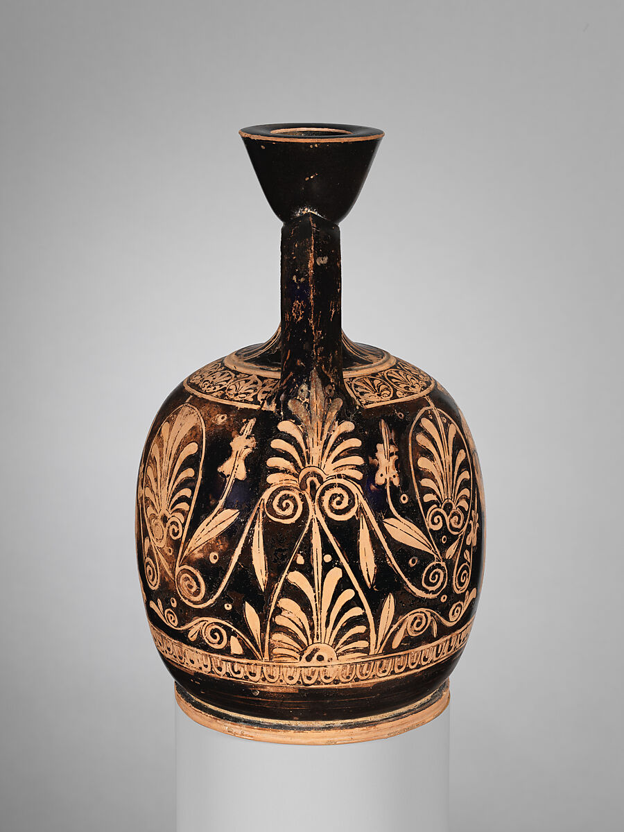 Terracotta squat lekythos (oil flask), Attributed to the manner of the Meidias Painter, Terracotta, Greek, Attic
