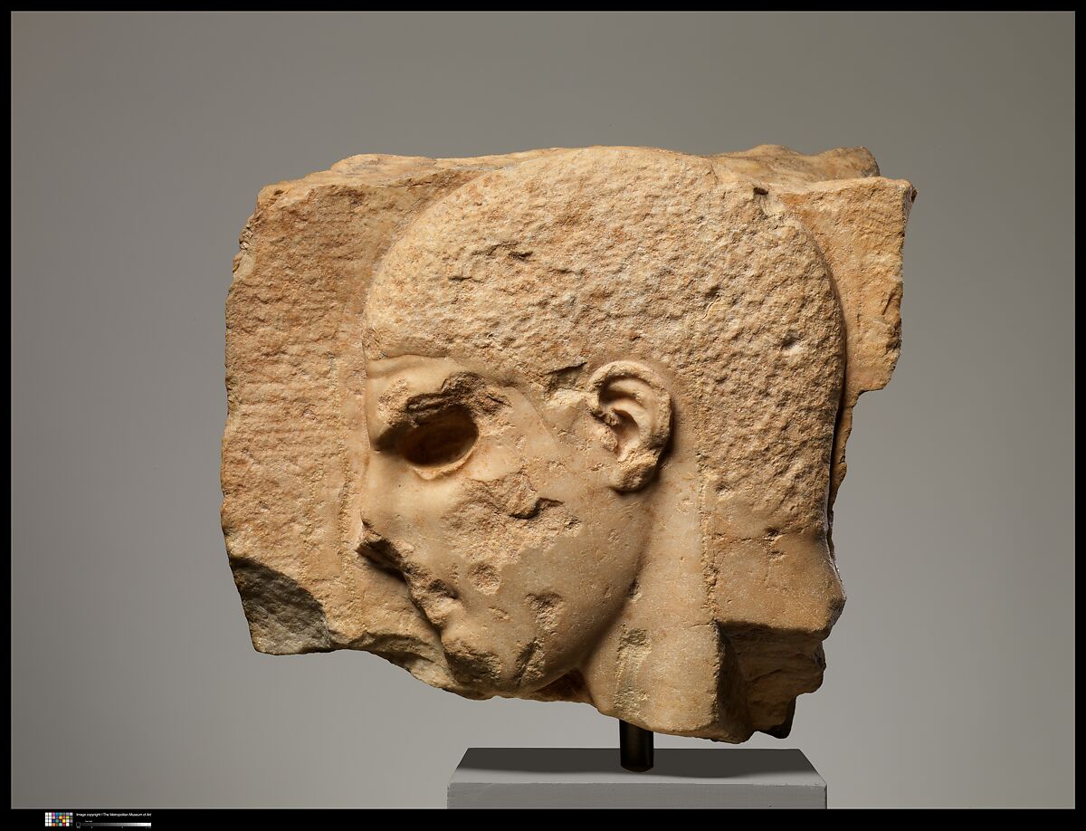 Fragment of a marble grave stele with the head of a youth, Marble, Greek 