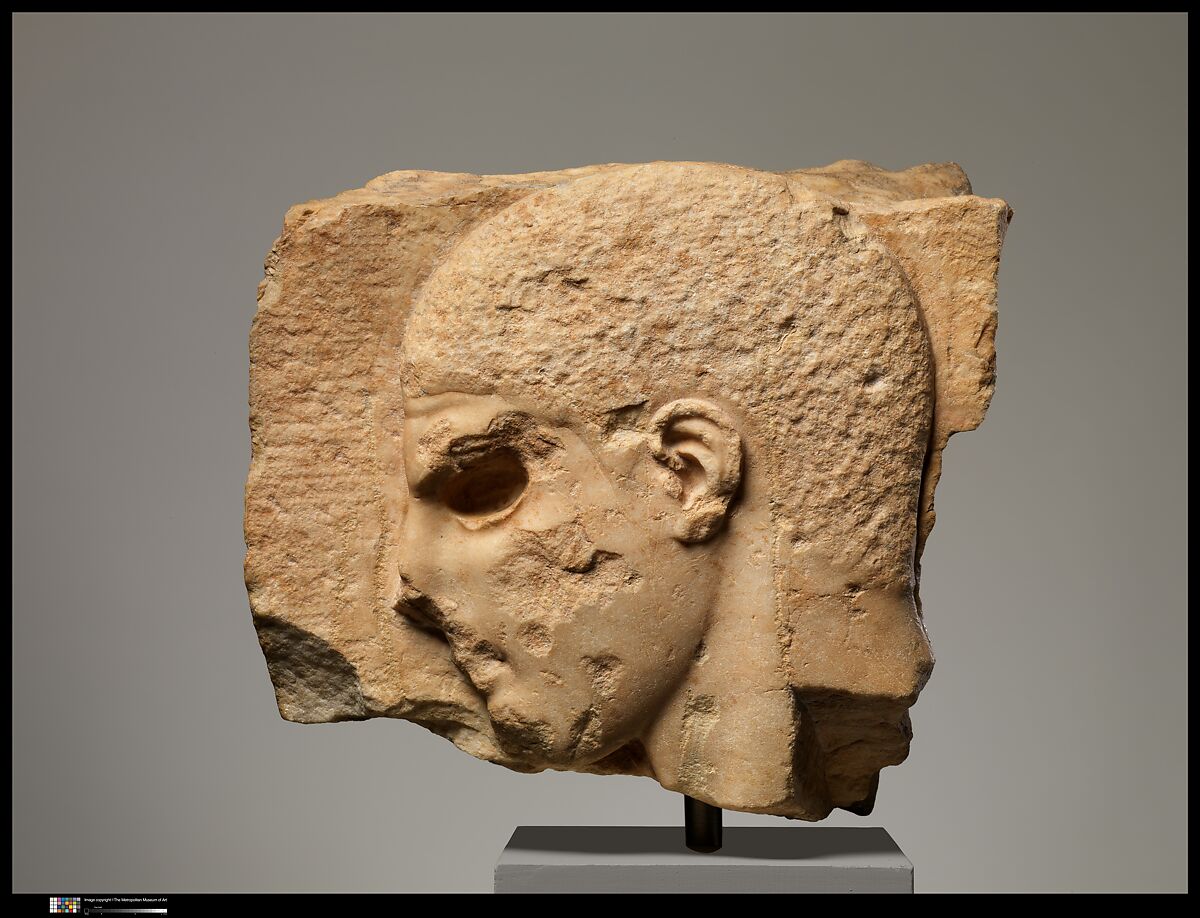 Fragment of a marble grave stele with the head of a youth, Marble, Greek