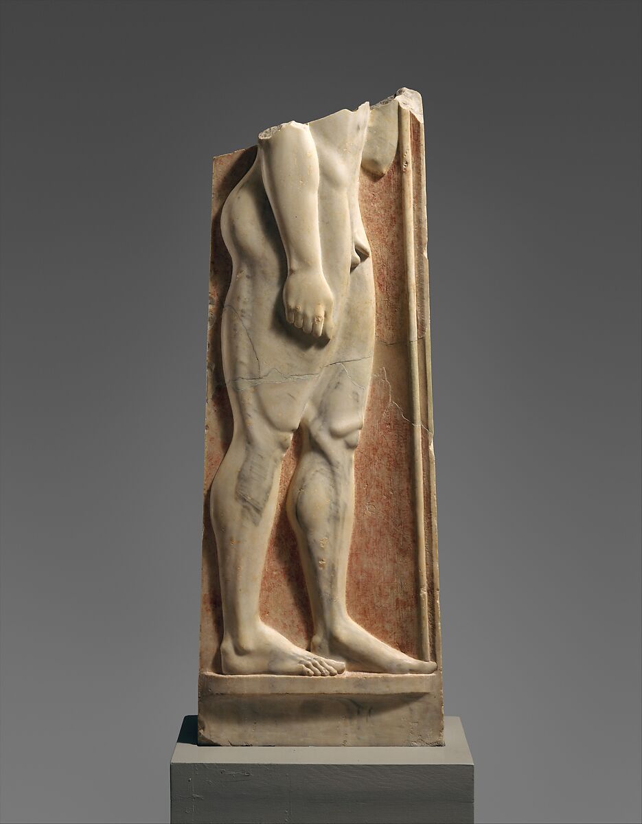Fragment of the marble stele (grave marker) of a youth, Marble, Hymettian, Greek, Attic