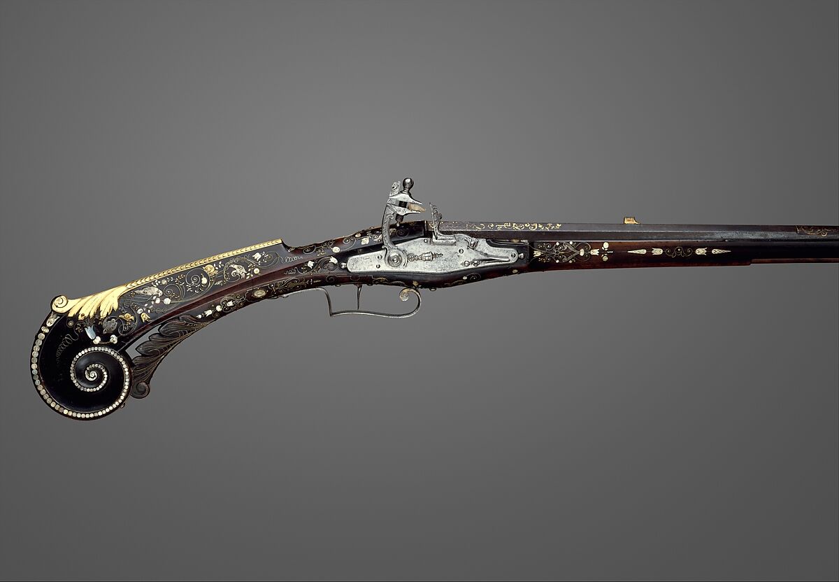 Flintlock Gun of Louis XIII (1601–1643), King of France, Pierre Le Bourgeois  French, Steel, brass, silver, gold, wood (walnut), mother-of-pearl, French, Lisieux