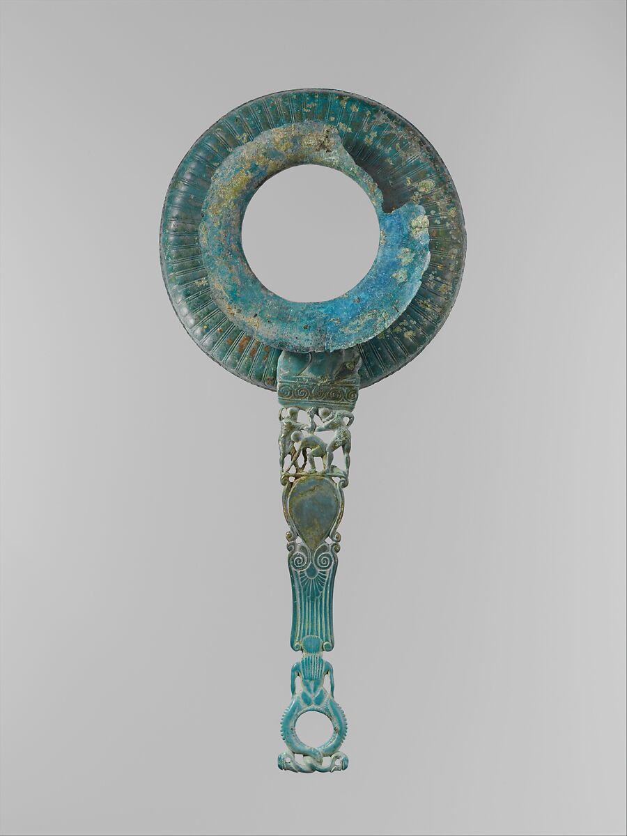 Bronze strainer with openwork handle, Bronze, Etruscan