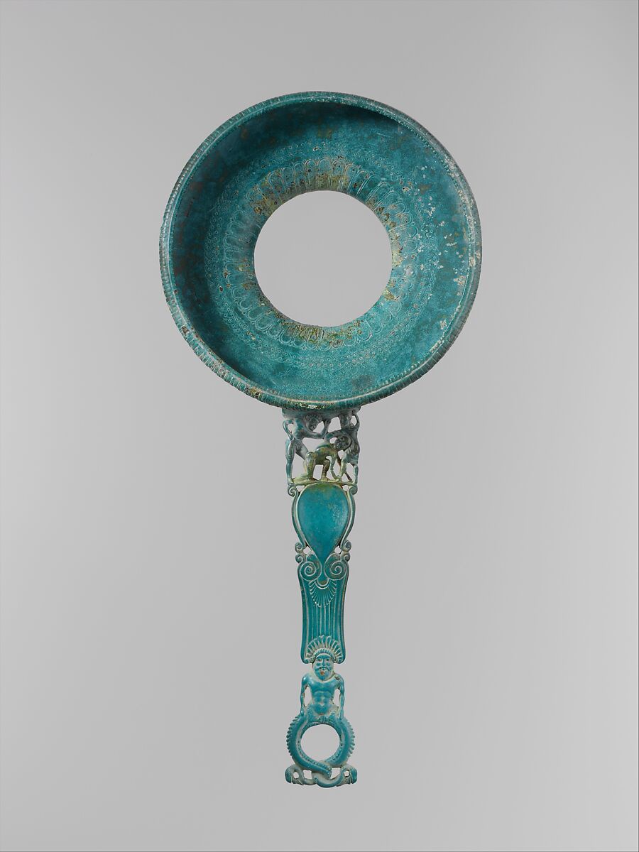 Bronze strainer with openwork handle, Bronze, Etruscan 