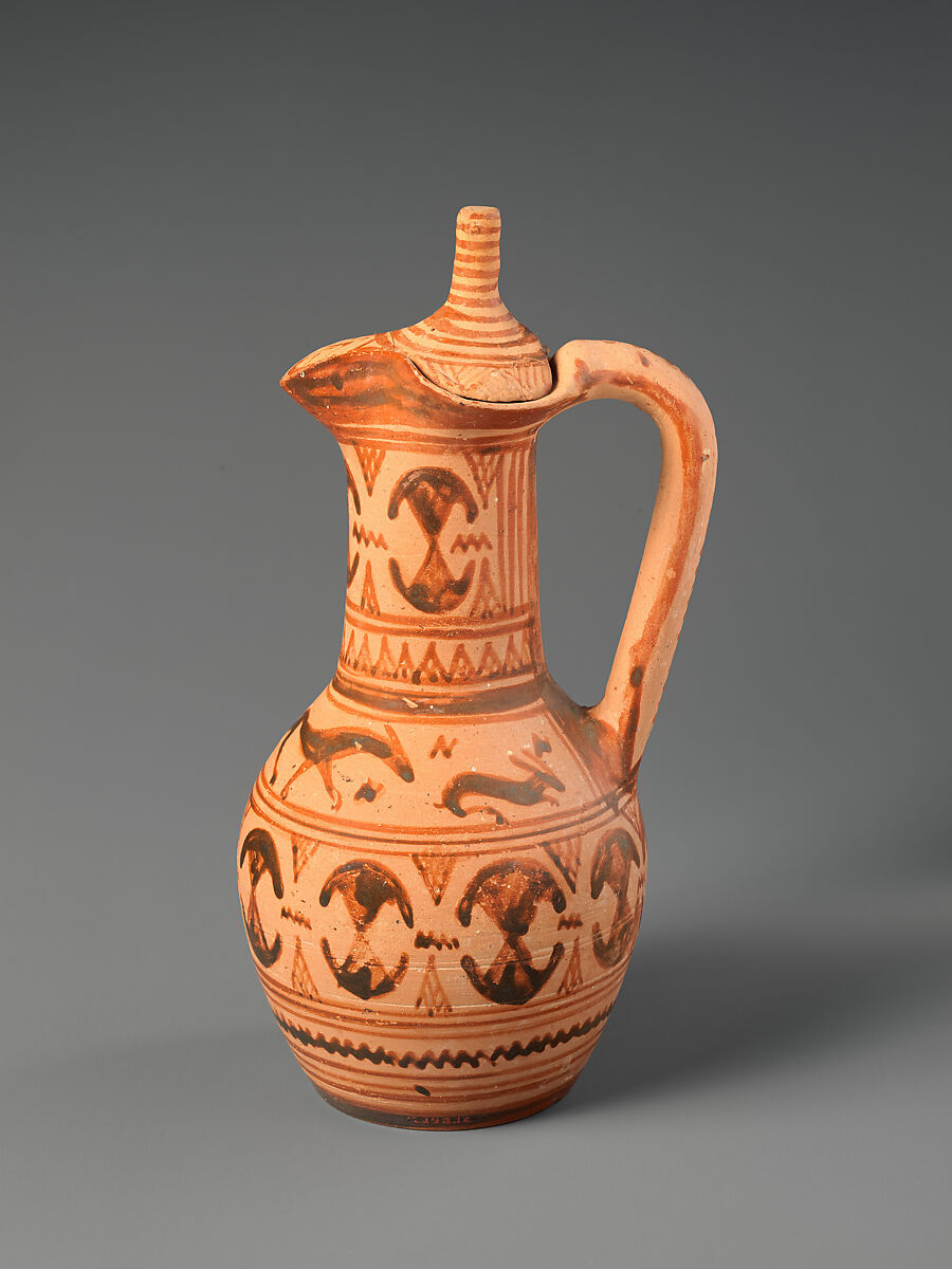 Terracotta oinochoe (jug), Terracotta, Greek, Attic 