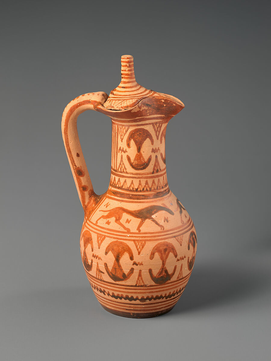 Terracotta oinochoe (jug), Terracotta, Greek, Attic