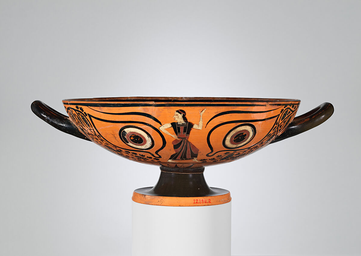 Terracotta kylix: eye-cup (drinking cup), Terracotta, Greek, Attic 