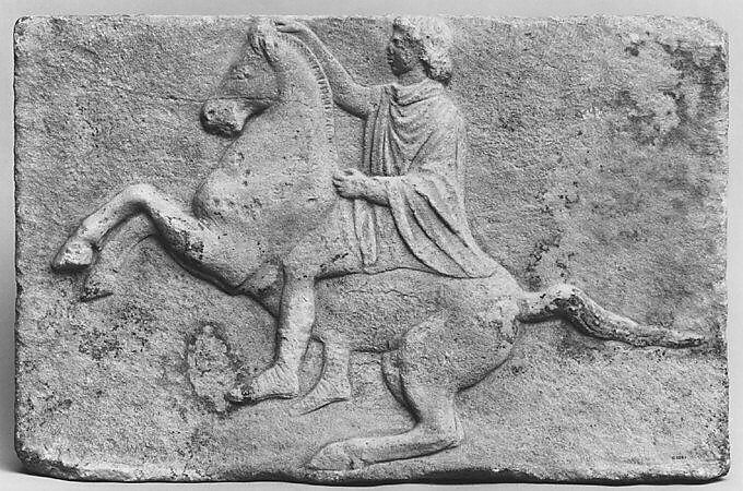Marble relief with a horseman, Marble, Pentelic, Greek 