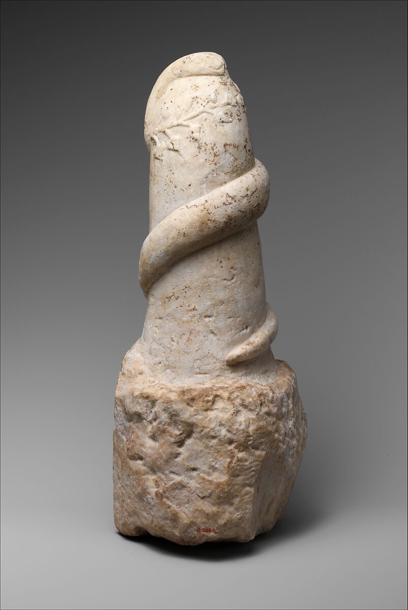 Marble pillar with snake and wreath, Marble, Pentelic ?, Roman 