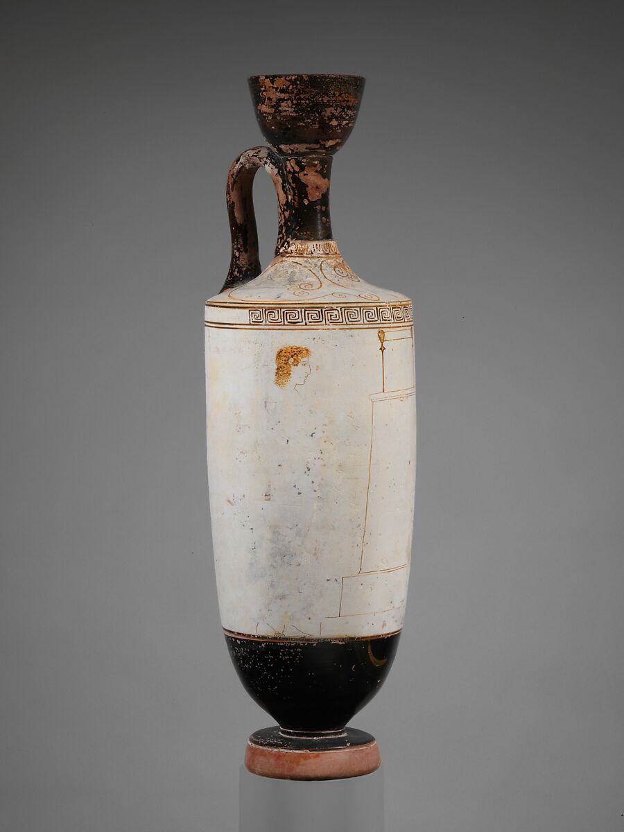 Terracotta lekythos (oil flask), Attributed to the Thanatos Painter, Terracotta, Greek, Attic