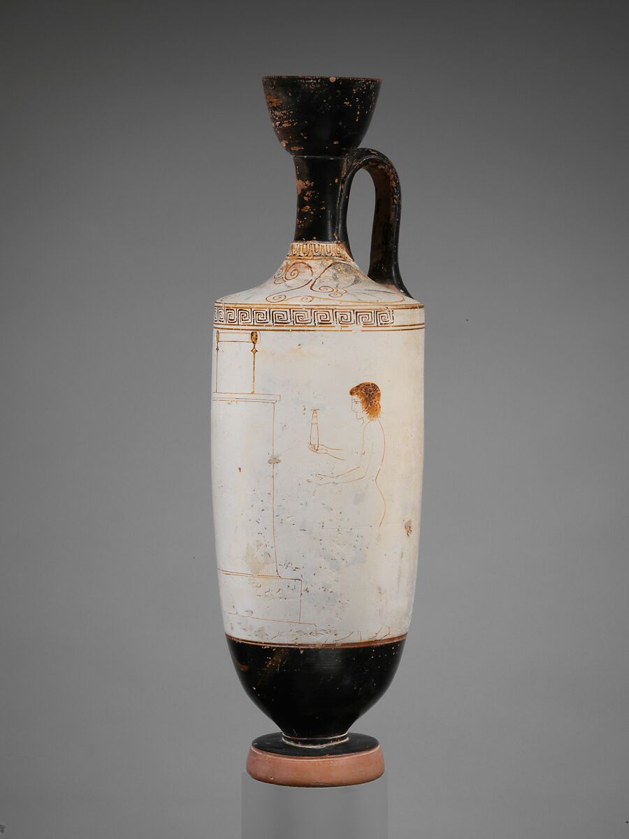 Terracotta lekythos (oil flask), Attributed to the Thanatos Painter, Terracotta, Greek, Attic