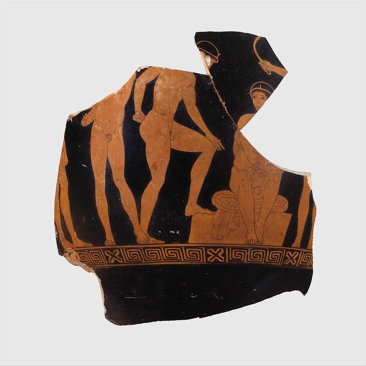 Fragment of a terracotta bell-krater (bowl for mixing wine and water), Attributed to the Group of Polygnotos, Terracotta, Greek, Attic 