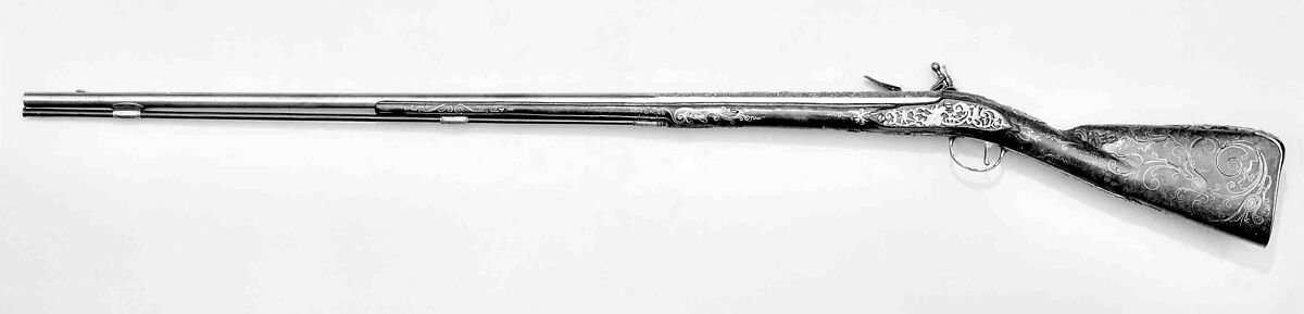 Flintlock Gun, Decoration follows closely designs of the engraver De Lacollombe (French, Paris, active ca. 1702–ca. 1736), Steel, silver, wood (walnut), German