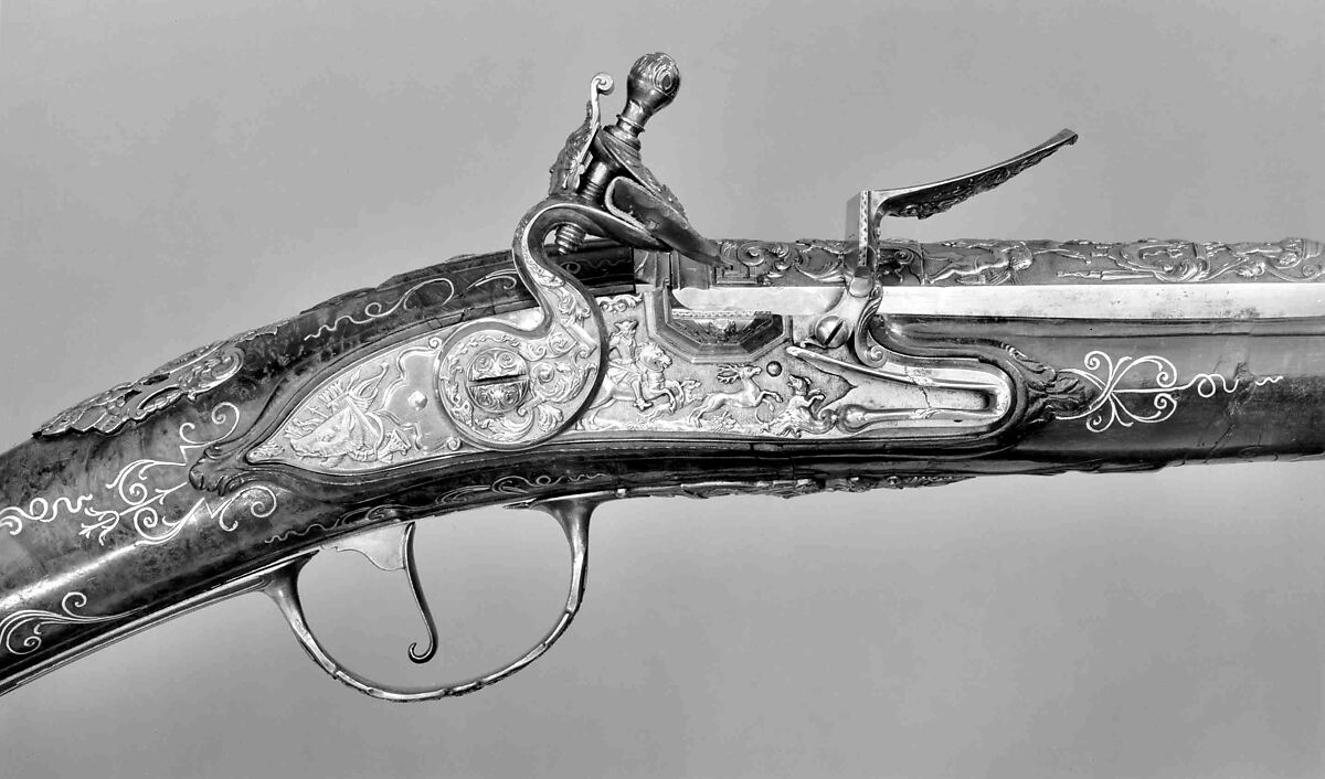 Flintlock Gun, Decoration follows closely designs of the engraver De Lacollombe (French, Paris, active ca. 1702–ca. 1736), Steel, silver, wood (walnut), German 