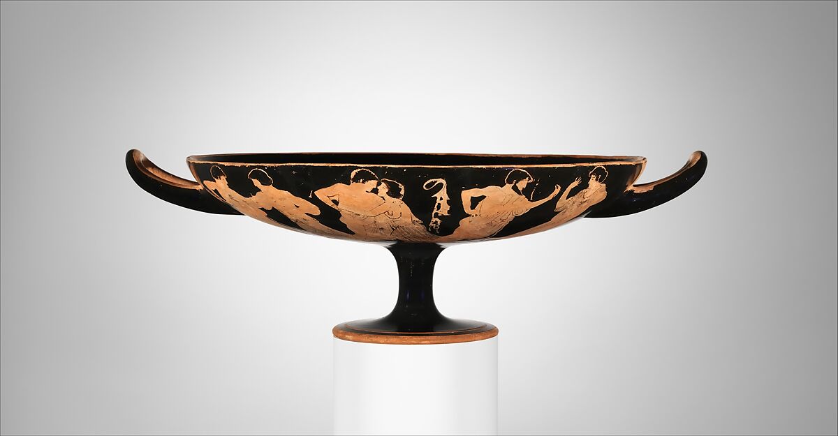 Terracotta kylix (drinking cup), Signed by Hieron as potter, Terracotta, Greek, Attic