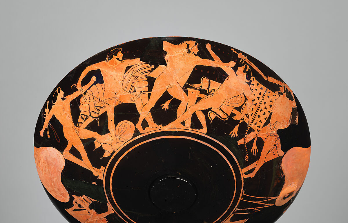 Terracotta kylix (drinking cup), Signed by Euphronios as potter, Terracotta, Greek, Attic