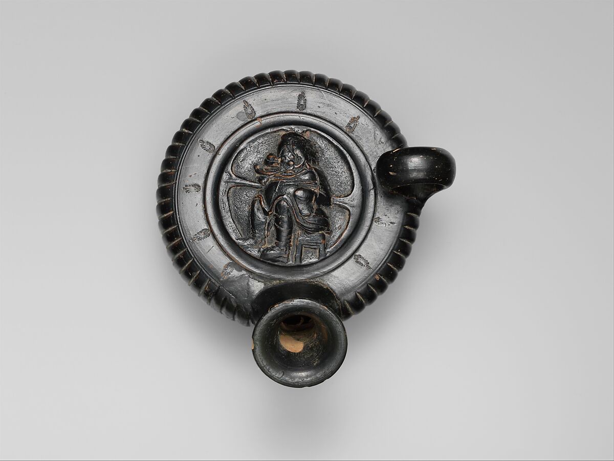 Terracotta guttus (flask with handle and vertical spout), Terracotta, Greek, South Italian, Campanian 