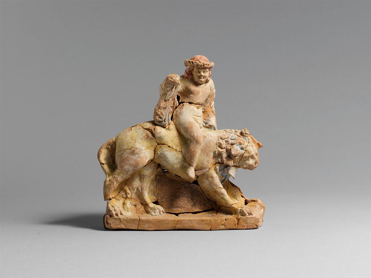 Terracotta statuette of Eros on a lion, Terracotta, Greek, South Italian 
