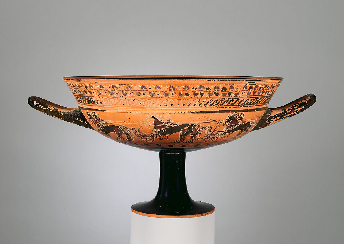 Terracotta kylix: hybrid Siana lip-cup (drinking cup), Attributed to an artist related to the C Painter, Terracotta, Greek, Attic 