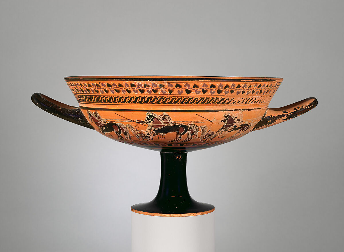 Terracotta kylix: hybrid Siana lip-cup (drinking cup), Attributed to an artist related to the C Painter, Terracotta, Greek, Attic
