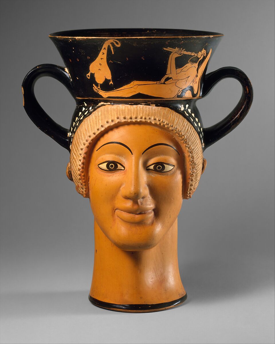Terracotta kantharos (drinking cup with high handles): two female heads, Brygos Painter, Terracotta, Greek, Attic
